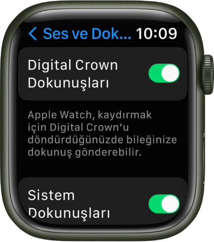 Crown Dokunuşları anahtarının açık olduğunu gösteren Crown Dokunuşları ekranı. Sistem Dokunuşları anahtarı altındadır.