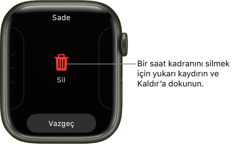 Ekranı bir saat kadranına kaydırdıktan ve bu kadranı silmek üzere yukarı sürükledikten sonra beliren Sil ve Vazgeç düğmelerini gösteren Apple Watch ekranı.