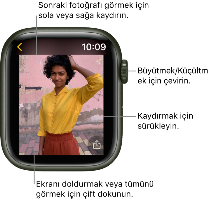 Bir fotoğrafı görüntülerken büyütmek veya küçültmek için Digital Crown’u çevirin, kaydırmak için sürükleyin veya fotoğrafın tümünü görüntülemek ile ekranı doldurmak arasında geçiş yapmak için çift dokunun. Sonraki fotoğrafı görmek için sağa veya sola kaydırın. Fotoğraftan bir saat kadranı yaratmak için sol alttaki Saat Kadranı düğmesine dokunun.