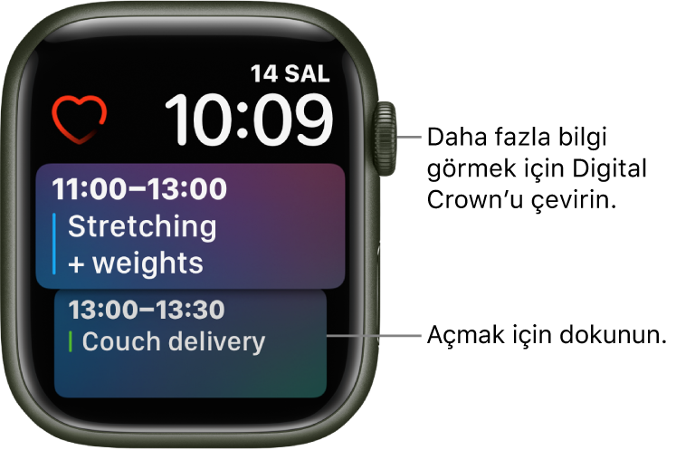 Bir anımsatıcıyı ve bir takvim etkinliğini gösteren Siri saat kadranı. Kalp Atış Hızı komplikasyonu, ekranın sol üst tarafında. Tarih ve saat sağ üsttedir. Alt tarafta iki etkinlik gösteren Takvim Programı komplikasyonu var.