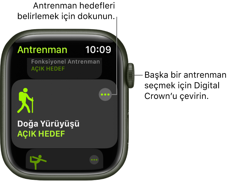 Doğa yürüyüşü antrenmanının vurgulandığı Antrenman ekranı. Daha Fazla düğmesi sağ üstte. Yürüyüş (Dış) antrenmanının bir kısmı da altta.