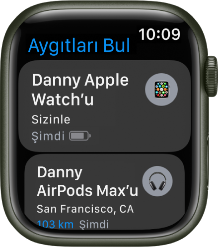 Aygıtları Bul uygulaması iki aygıtı gösteriyor: bir Apple Watch ve AirPods.