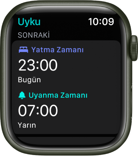Apple Watch’ta gecenin uyku planını gösteren Uyku uygulaması. Yatma Zamanı üstte, Uyanma Zamanı onun altında.