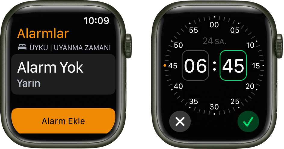 Alarm ekleme işlemlerini gösteren iki saat kadranı: Alarm Ekle’ye dokunun, ÖÖ’ye veya ÖS’ye dokunun, saati ayarlamak için Digital Crown’u çevirin, sonra Ayarla’ya dokunun.