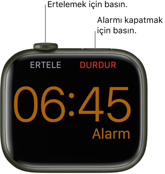 Çalan bir alarmı gösteren ekranıyla yan yerleştirilmiş bir Apple Watch. Digital Crown’un altında “Ertele” sözcüğü var. “Durdur” sözcüğü, yan düğmenin altında.