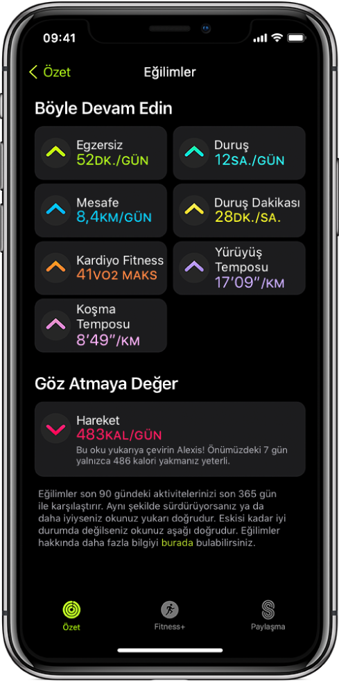 iPhone’daki Fitness uygulamasında Trendler sekmesi. Ekranın üst tarafına doğru Trendler başlığı altında birkaç ölçü görünür. Ölçüler Egzersiz, Duruş, Mesafe vb. içerir. Bakmaya Değer başlığı altında hareket görünür.