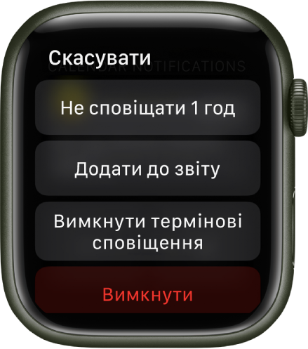 Параметри сповіщень на Apple Watch. На верхній кнопці написано «Не сповіщати 1 год». Нижче розташовані кнопки для додавання до звіту, вимкнення термінових сповіщень і вимкнення.