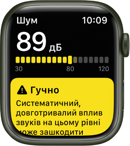 Сповіщення про шум із рівнем звуку приблизно 89 децибел. Нижче відображається попередження щодо довготривалого впливу звуків на цьому рівні.