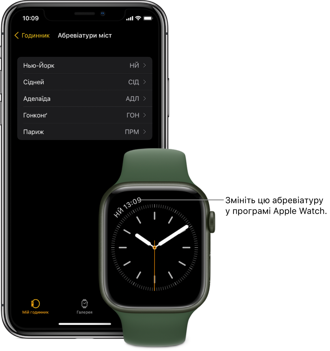 iPhone і Apple Watch один біля одного. На екрані Apple Watch відображається час у Нью-Йорку (NYC). На екрані iPhone показано список міст у параметрах «Абревіатури міст» у параметрах програми «Годинник» у програмі Apple Watch.