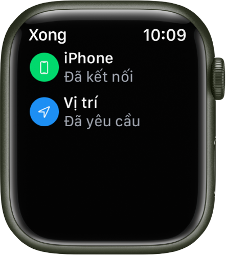 Chi tiết trạng thái đang cho biết rằng iPhone được kết nối và vị trí của đồng hồ đã được yêu cầu.