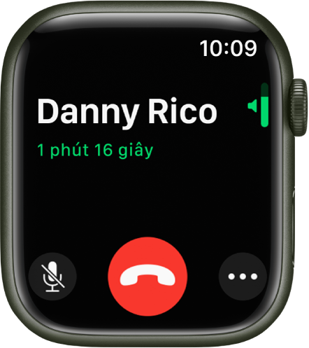 Trong một cuộc gọi điện thoại, màn hình hiển thị chỉ báo âm lượng chiều dọc ở trên cùng bên phải, nút Tắt tiếng ở dưới cùng bên trái và nút Từ chối màu đỏ. Thời lượng của cuộc gọi xuất hiện bên dưới tên của người gọi.