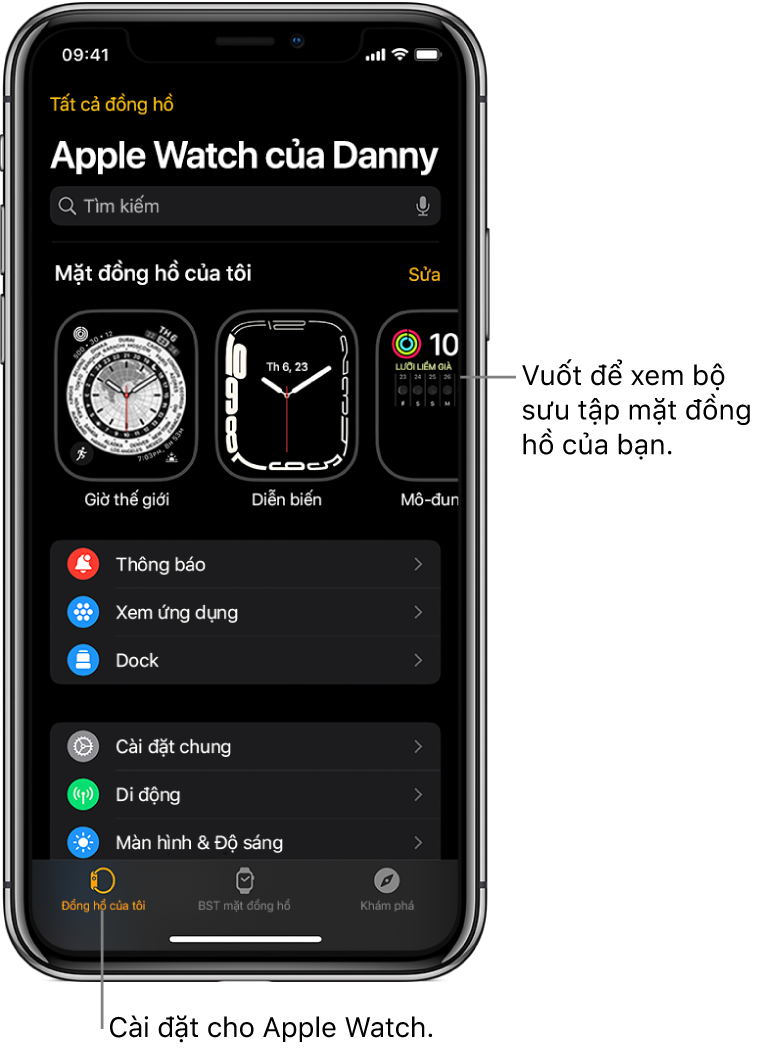 Ứng dụng Apple Watch trên iPhone mở ra màn hình Đồng hồ của tôi, hiển thị các mặt đồng hồ của bạn ở gần trên cùng và các cài đặt ở bên dưới. Có ba tab ở dưới cùng của màn hình ứng dụng Apple Watch: tab bên trái là Đồng hồ của tôi, là nơi dành cho các cài đặt của Apple Watch; tiếp theo là BST mặt đồng hồ, là nơi bạn khám phá các mặt đồng hồ và tổ hợp có sẵn; sau đó là Khám phá, là nơi bạn có thể tìm hiểu thêm về Apple Watch.