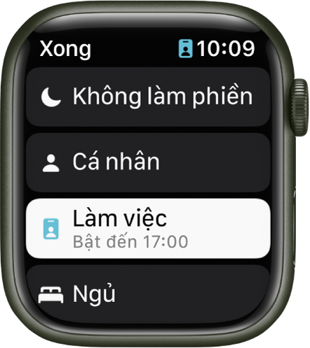 Danh sách chế độ tập trung hiển thị Không làm phiền, Cá nhân, Làm việc và Ngủ. Chế độ làm phiền Làm việc đang hoạt động.