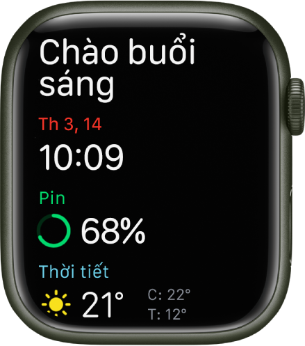 Apple Watch đang hiển thị màn hình thức dậy. Các từ Chào buổi sáng xuất hiện ở trên cùng. Ngày, giờ, phần trăm pin và thời tiết ở bên dưới.