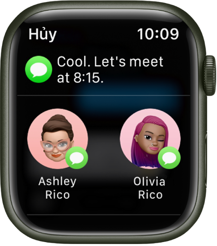 Màn hình Chia sẻ trong ứng dụng Tin nhắn đang hiển thị một tin nhắn và hai liên hệ.