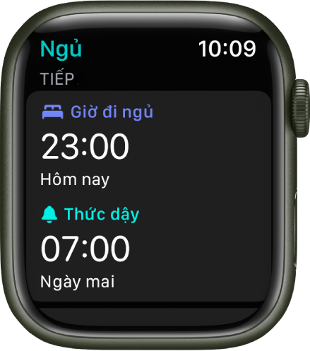 Màn hình Ngủ trên Apple Watch đang hiển thị lịch trình ngủ của buổi tối. Giờ đi ngủ xuất hiện ở trên cùng và giờ Thức dậy ở bên dưới.