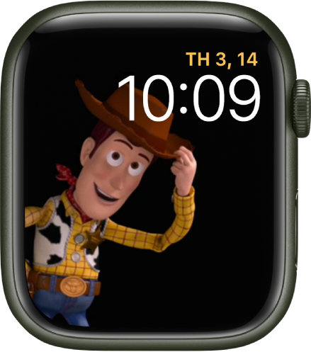 Mặt đồng hồ Toy Story hiển thị thứ, ngày và giờ ở trên cùng bên phải và một Woody sinh động ở bên trái của màn hình.