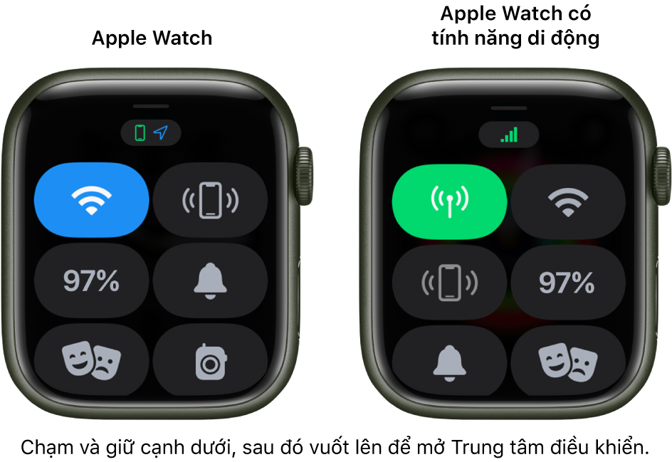 Hai hình ảnh: Apple Watch không có tín hiệu di động ở bên trái, đang hiển thị Trung tâm điều khiển. Nút Wi-Fi ở trên cùng bên trái, nút Ping iPhone ở trên cùng bên phải, nút Phần trăm pin ở giữa bên trái, nút Chế độ im lặng ở giữa bên phải, nút chế độ Rạp hát ở dưới cùng bên trái và nút Bộ đàm ở dưới cùng bên phải. Hình ảnh bên phải hiển thị Apple Watch có tín hiệu di động. Trung tâm điều khiển hiển thị nút Di động ở trên cùng bên trái, nút Wi-Fi ở trên cùng bên phải, nút Ping iPhone ở giữa bên trái, nút Phần trăm pin ở giữa bên phải, nút Chế độ im lặng ở dưới cùng bên trái và nút chế độ Rạp hát ở dưới cùng bên phải.