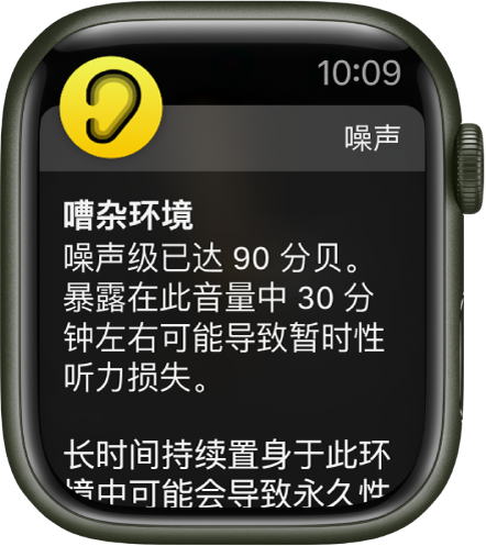 显示“噪声”通知的 Apple Watch。与通知相关联 App 的图标显示在左上方。您可以轻点图标来打开 App。