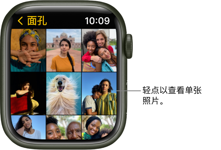 Apple Watch 上“照片” App 的主屏幕，有些照片以网格形式显示。