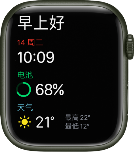 Apple Watch 显示起床屏幕。“早上好”文字显示在顶部。下方是日期、时间、电池百分比和天气。