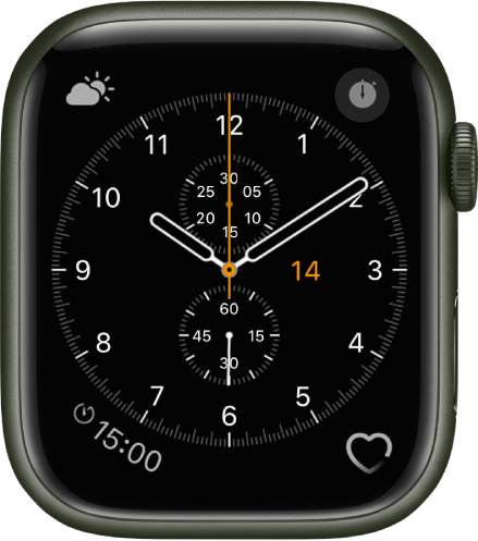 你可以在「計時秒錶」錶面上調整錶面顏色及錶盤刻度。共顯示四個複雜功能：「天氣概況」位於左上方、「秒錶」位於右上方、「計時器」位於左下方，以及「心率」位於右下方。