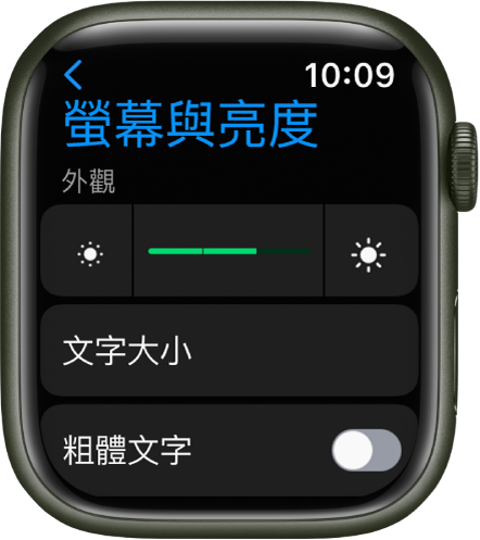 Apple Watch 上的「螢幕與亮度」設定，其中「亮度」滑桿位於最上方，「文字大小」按鈕則位於下方。