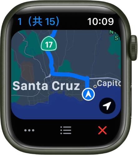 「地圖」App 顯示旅程的概覽地圖。底部為「更多」、「列表」和「結束」按鈕。