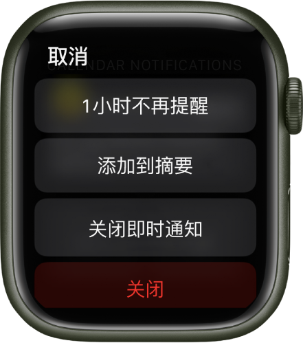 Apple Watch 上的通知设置。顶部按钮显示“1 小时不再提醒”。下方是“添加到摘要”、“关闭即时通知”和“关闭”按钮。