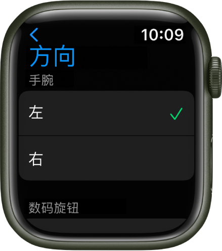 Apple Watch 上的“方向”屏幕。您可以设置佩戴手腕和数码表冠的偏好设置。