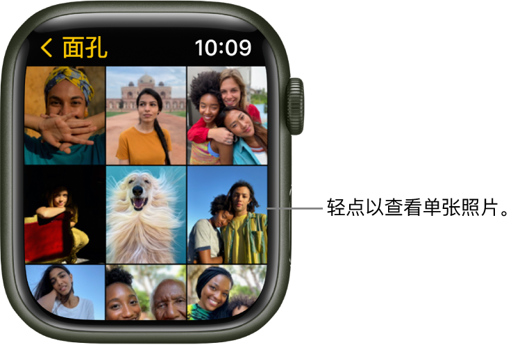Apple Watch 上“照片” App 的主屏幕，有些照片以网格形式显示。