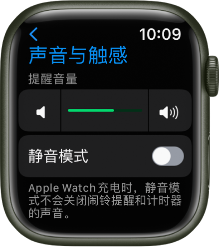 Apple Watch 上的“声音与触感”设置，顶部是“提醒音量”滑块，下方是“静音模式”开关。