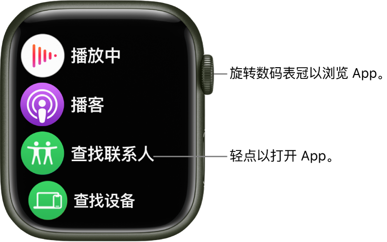 Apple Watch 上列表视图中的主屏幕，App 以列表方式显示。轻点以打开 App。滚动以查看更多 App。