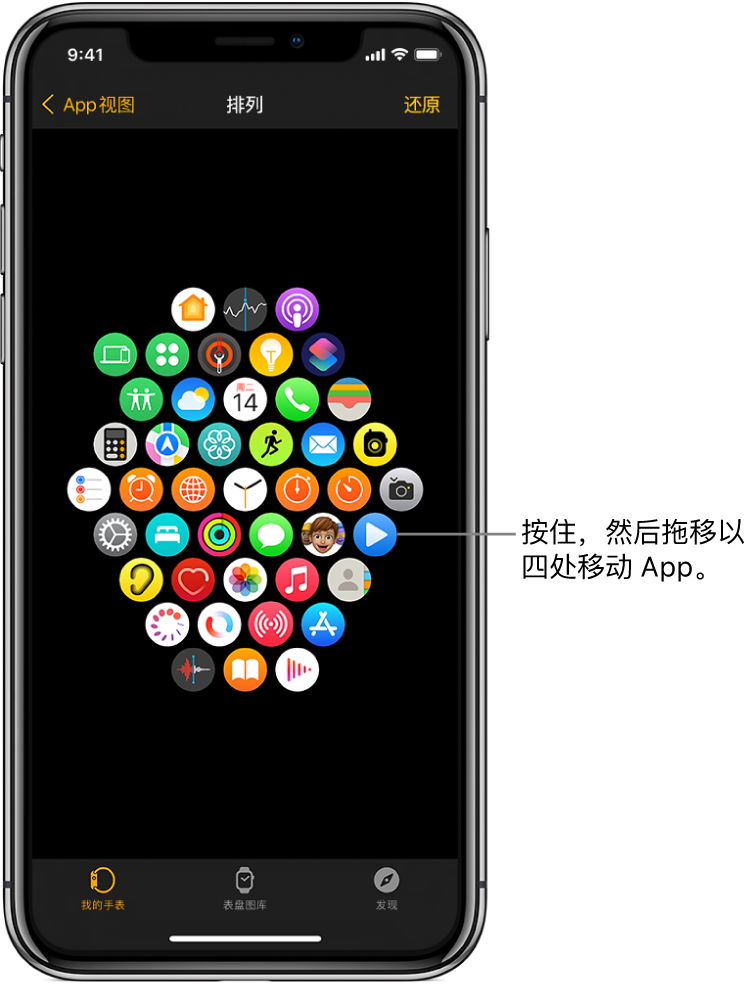 Apple Watch App 中的“排列”屏幕，按网格显示图标。