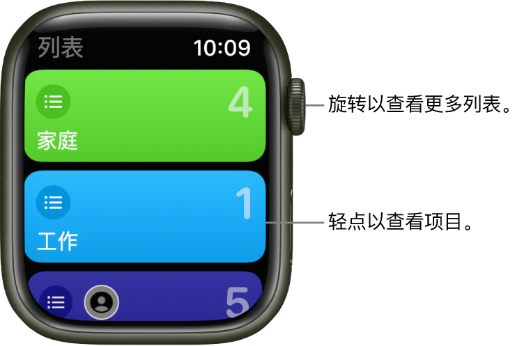 “提醒事项” App 的“列表”屏幕显示两个列表按钮，分别是“家庭”和“工作”。右侧的数字告诉您每个列表中有多少个提醒事项。轻点列表以查看其中的项目，或者旋转数码表冠以查看更多列表。
