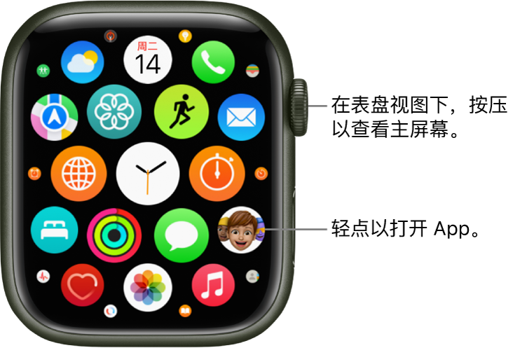 Apple Watch 上网格视图中的主屏幕，App 以群组方式显示。轻点以打开 App。拖移以查看更多 App。