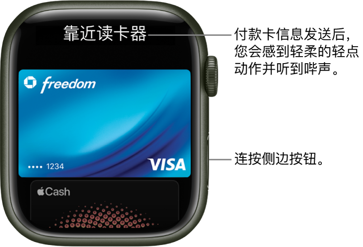 Apple Pay 屏幕顶部为“靠近读卡器”；付款卡信息发送后，您会感到轻柔的轻点动作并听到哔声。