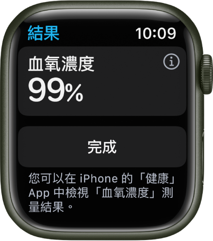 「血氧濃度」結果畫面顯示血氧飽和度為 99％。「完成」按鈕位於下方。