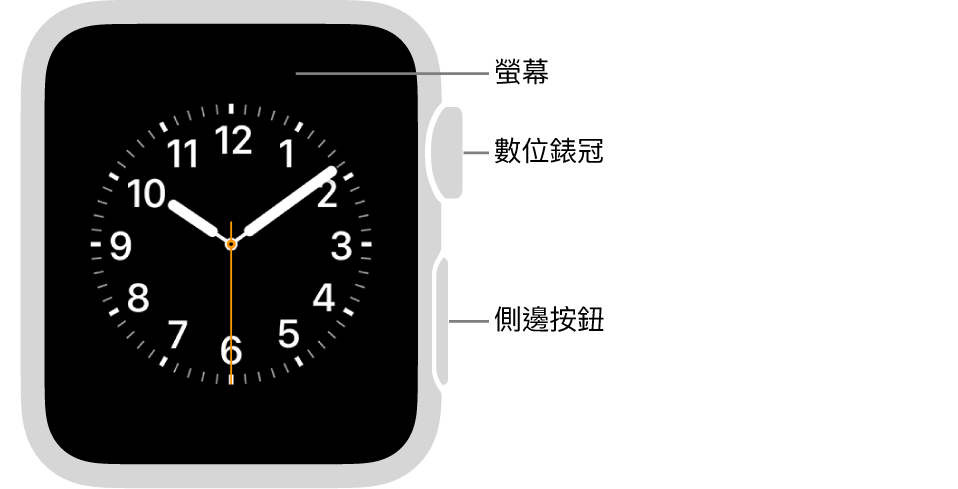 Apple Watch Series 3 的正面，螢幕顯示錶面，而手錶的側面為數位錶冠和側邊按鈕。
