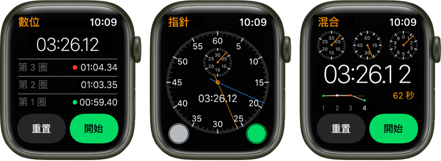 「碼錶」App 中的三種碼錶：帶有計圈器的數位式碼錶、指針式碼錶，以及同時顯示指針和數位形式的混合式碼錶。每個手錶都有開始和重置按鈕。