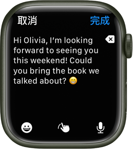 「郵件」App 顯示用於編寫電子郵件的畫面。內文文字位於最上方附近，右側有一個「刪除」按鈕。底部有「表情符號」、「隨手寫」和「聽寫」按鈕。「完成」按鈕位於右上角。