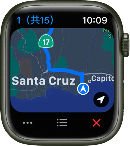 「地圖」App 顯示旅程的概覽地圖。底部有「更多」、「列表」和「結束」按鈕。