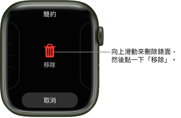Apple Watch 畫面顯示「移除」和「取消」按鈕，會在您滑動至錶面時顯示，然後向上滑動來刪除。