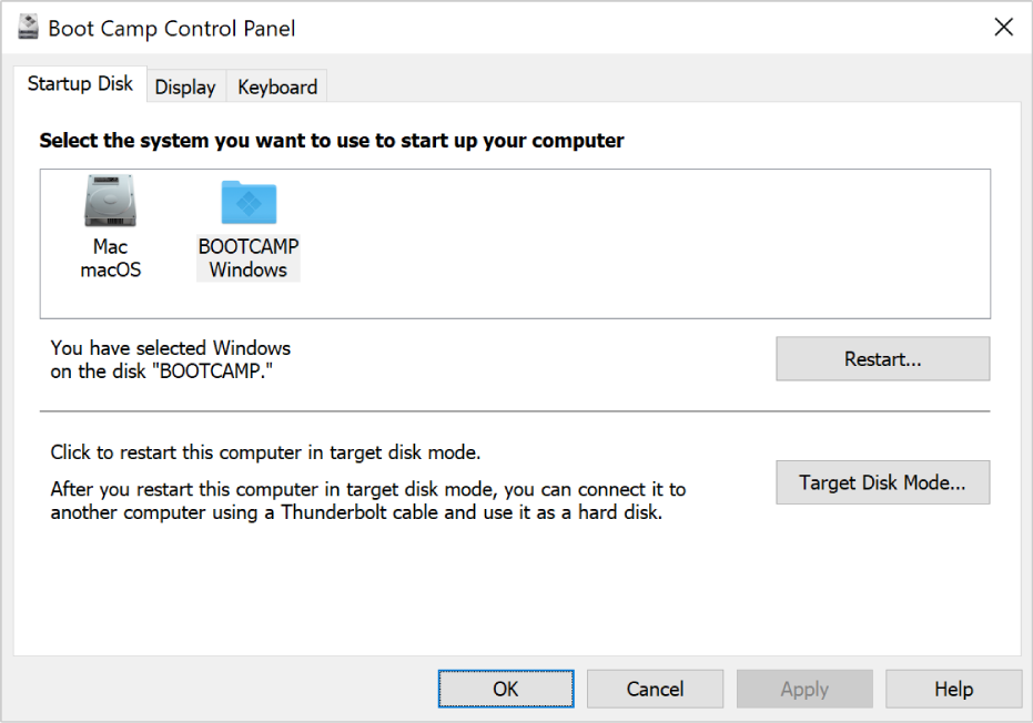 Boot Camp Control Panel showing the startup disk selection pane, which also includes options to restart your computer or use the computer in target disk mode.