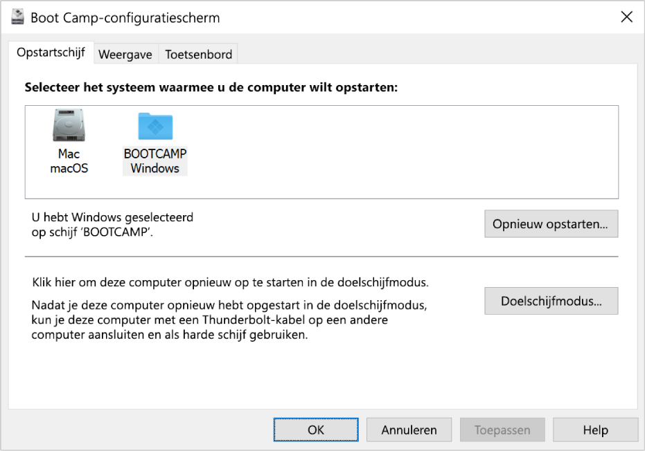 Het Boot Camp-configuratiescherm met daarin het selectiepaneel voor opstartschijven, waarin ook opties te zien zijn voor het herstarten van je computer of het gebruiken van je computer in doelschijfmodus.