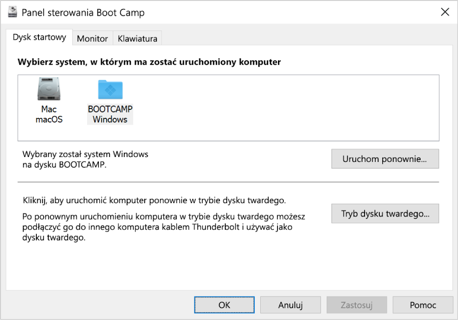 Widoczny wybór dysku startowego w panelu sterowania Boot Camp, w którym widoczne są także opcje ponownego uruchamiania komputera lub używania komputera w trybie dysku twardego.