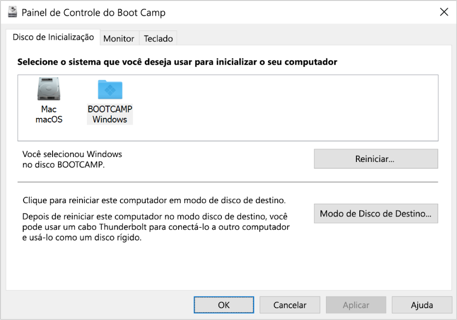 O Painel de Controle do Boot Camp mostrando o painel de seleção de disco de inicialização, que também inclui opções para reiniciar o computador ou usá-lo em modo de disco de destino.