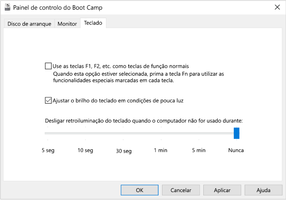 O Painel de controlo do Boot Camp a mostrar o painel de opções do Teclado, onde pode selecionar as definições de brilho do teclado e como funcionam as teclas de função.