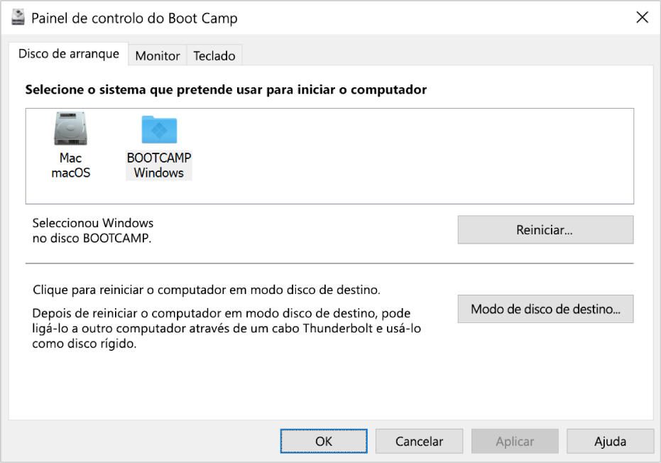 O Painel de controlo do Boot Camp a mostrar o painel de seleção do disco de arranque, que também inclui opções para reiniciar o computador e para usar o computador no modo disco de destino.