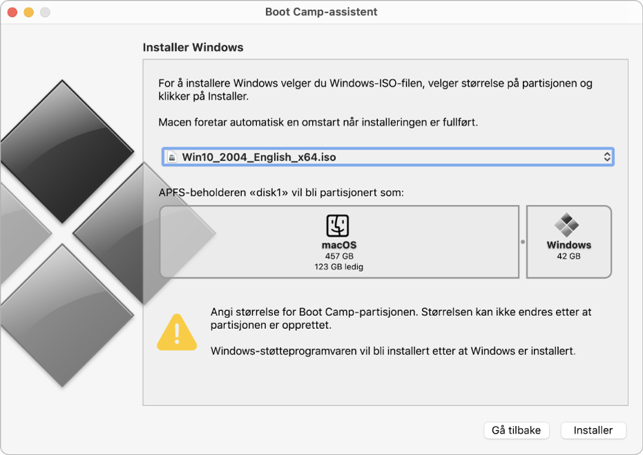 Boot Camp-installeringsvinduet. Nede i høyre hjørne vises Installer-knappen, og til venstre for den vises Gå tilbake-knappen.